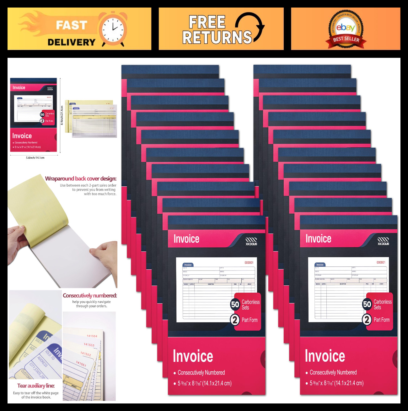 20 Pack Carbonless Invoice Receipt Book – 2-Part, 5.5″ x 8.5″, Small Business Us