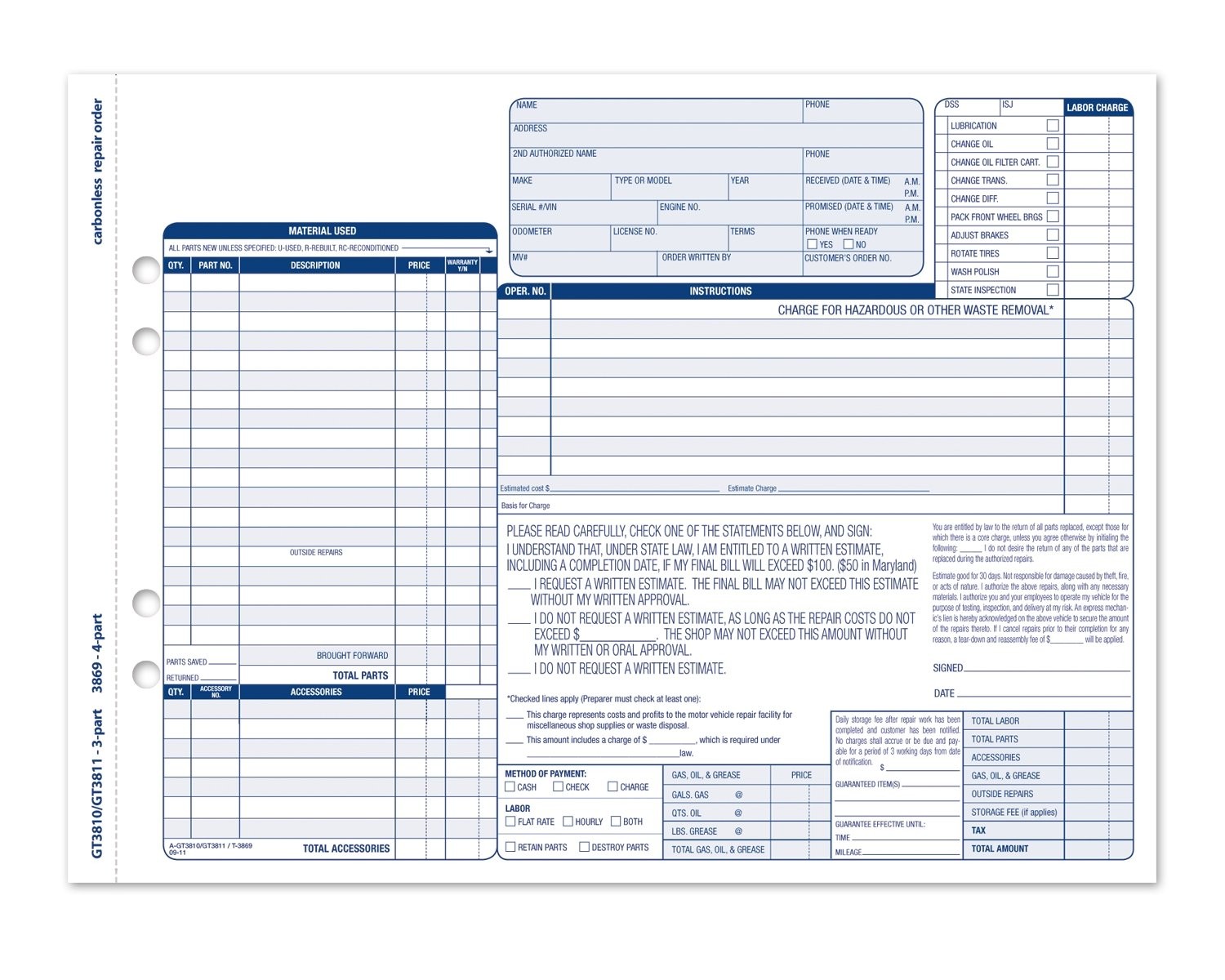 Adams Garage Repair Order Forms, 8.5 x 11 Inch, 3 Parts, 1-pack, White/Canary