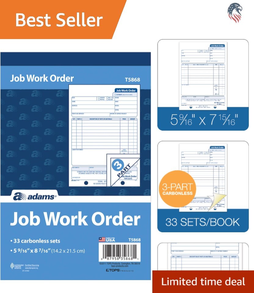 Job Work Order Book Compatible with Repair Orders 33-Set 3-Part Carbonless Wh…