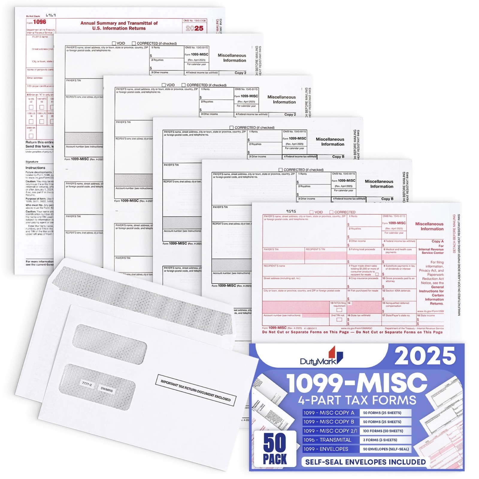 1099 MISC Forms 5110 5111 5112 5100 77772 2025 w Envelopes 50 Pack MISC 26103E25