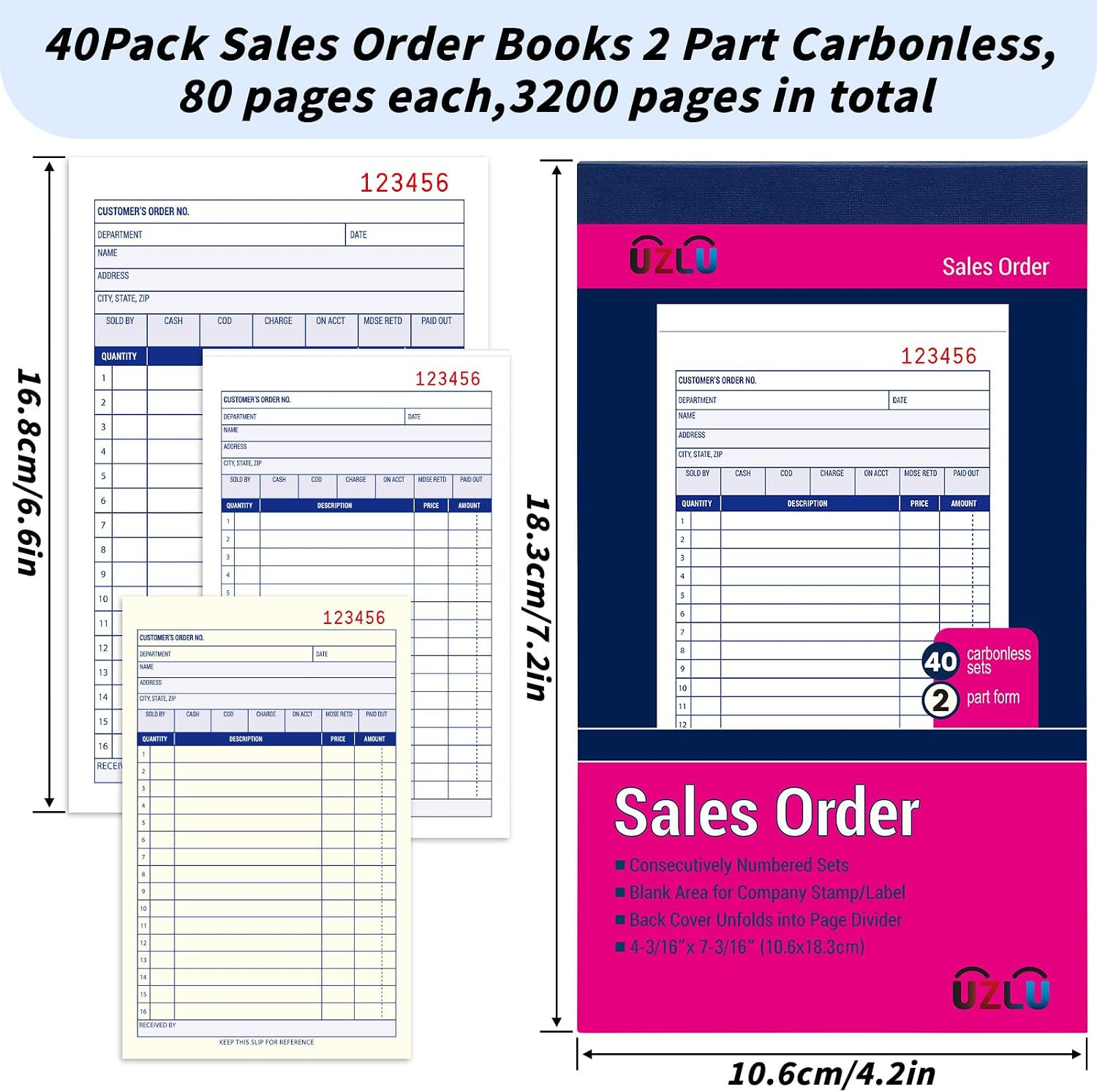 40 Pack Sales Order Book Bulk, 2-Part Carbonless Receipt Form Invoice, White/Yel