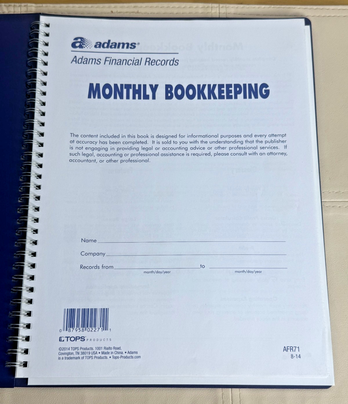Adams Bookkeeping Record Book, Monthly Format, White (AFR71), 8.5 x 11 inches