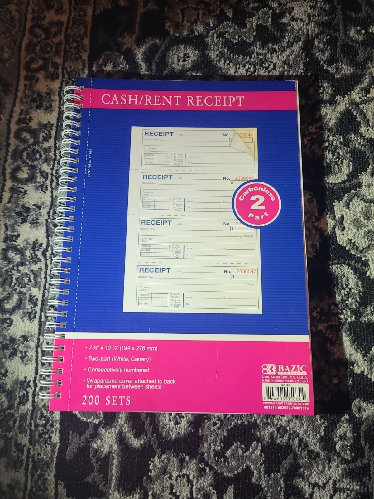 Bazic Money/Rent Receipt Book, 2-Part Carbonless, 7-5/8″x10-7/8″ Spiral 200 Sets