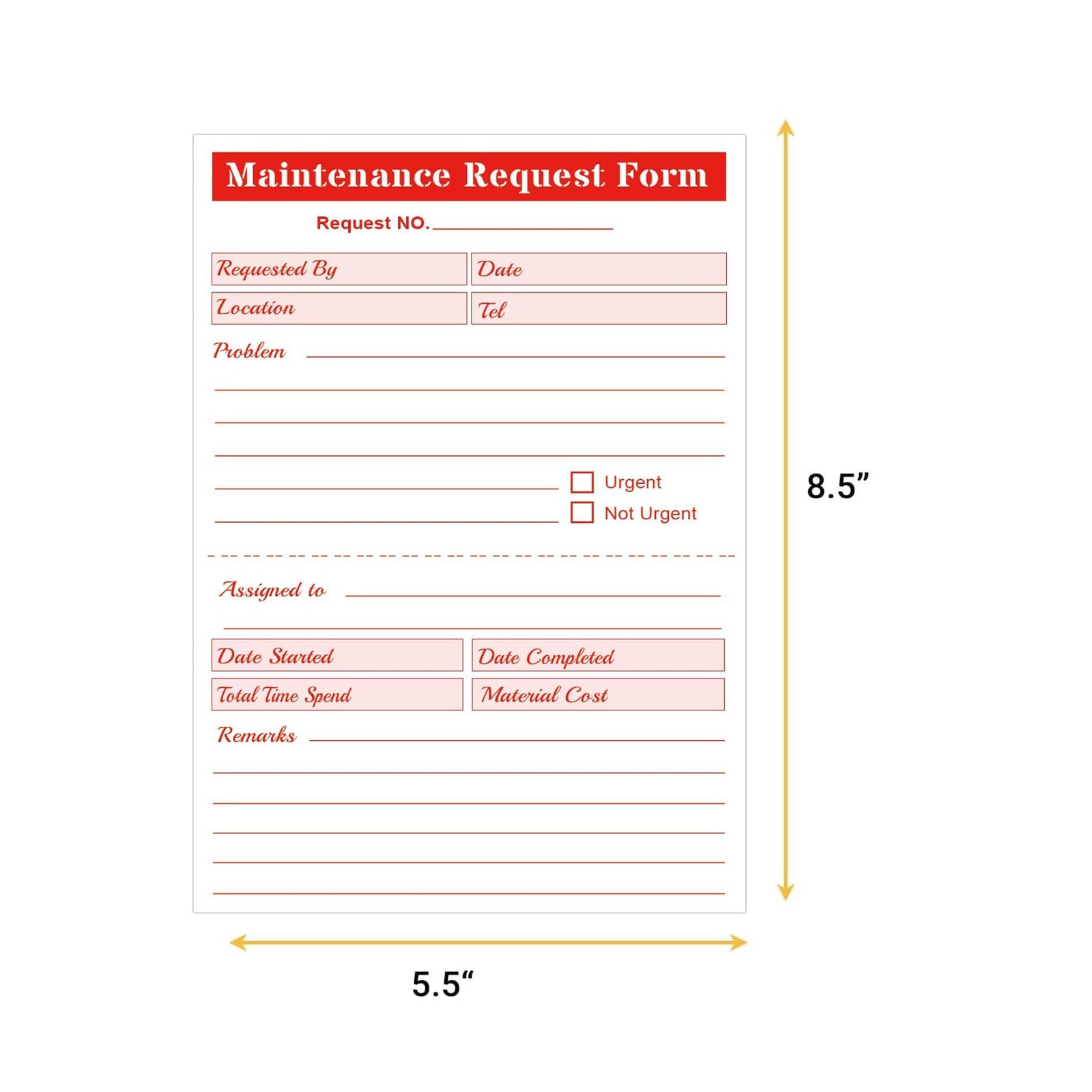 Maintenance Request Book Forms – 5.5 x 8.5 Inch 2 Part x inch, Red