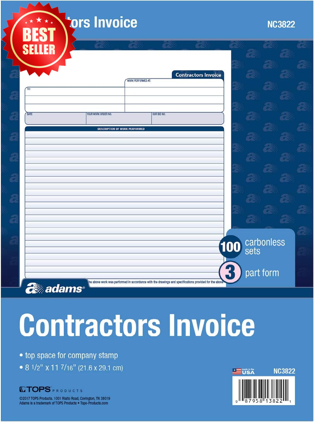 100pk Contractor Invoice Forms 3-Part Carbonless 8.5×11.44″ White/Canary/Pink US