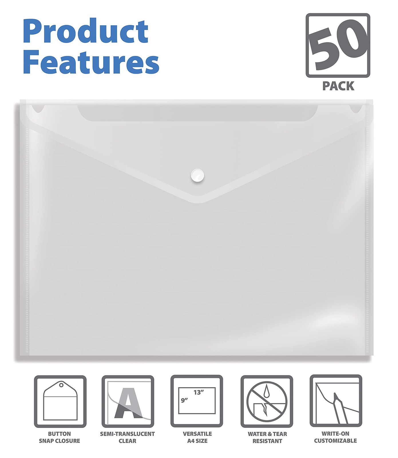 Better Office Products Clear Reusable Plastic Envelopes with Large,