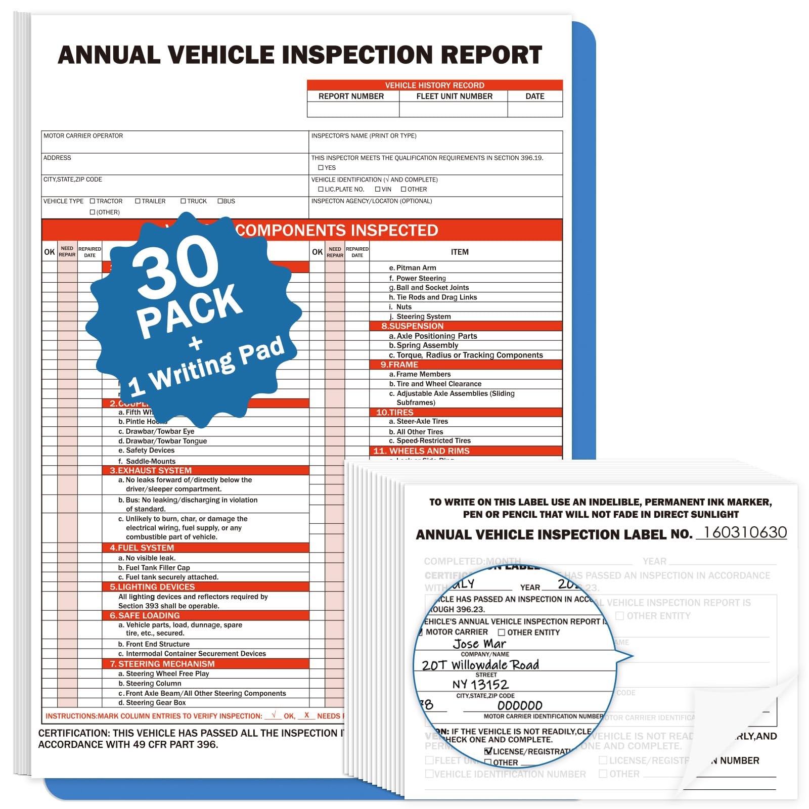 30Pack DOT Annual Vehicle Inspection Forms and Label,30-Pk 3-Ply Annual Vehic…