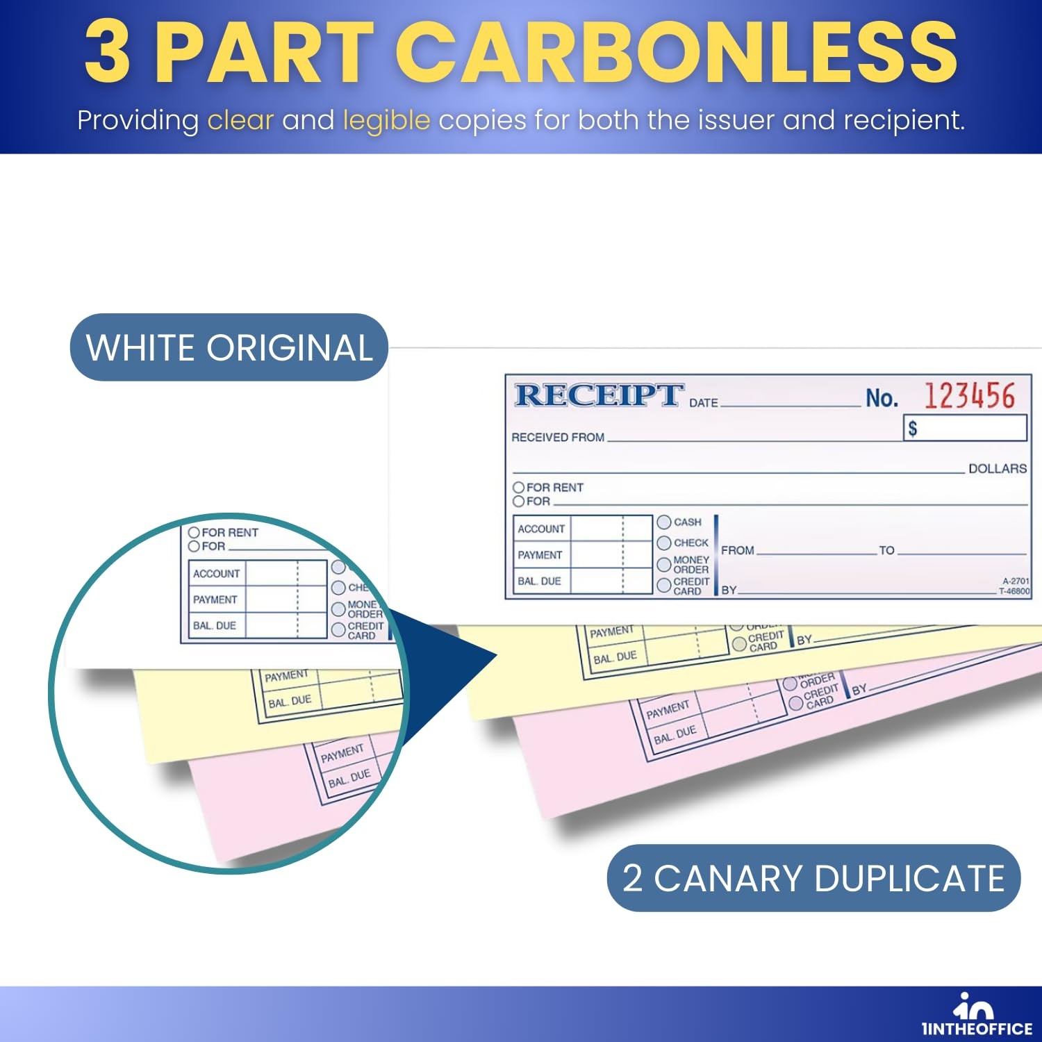 Money and Rent Receipt, 2-3/4 x 7-3/16 Inches, 3-Parts, Carbonless, White/Can…