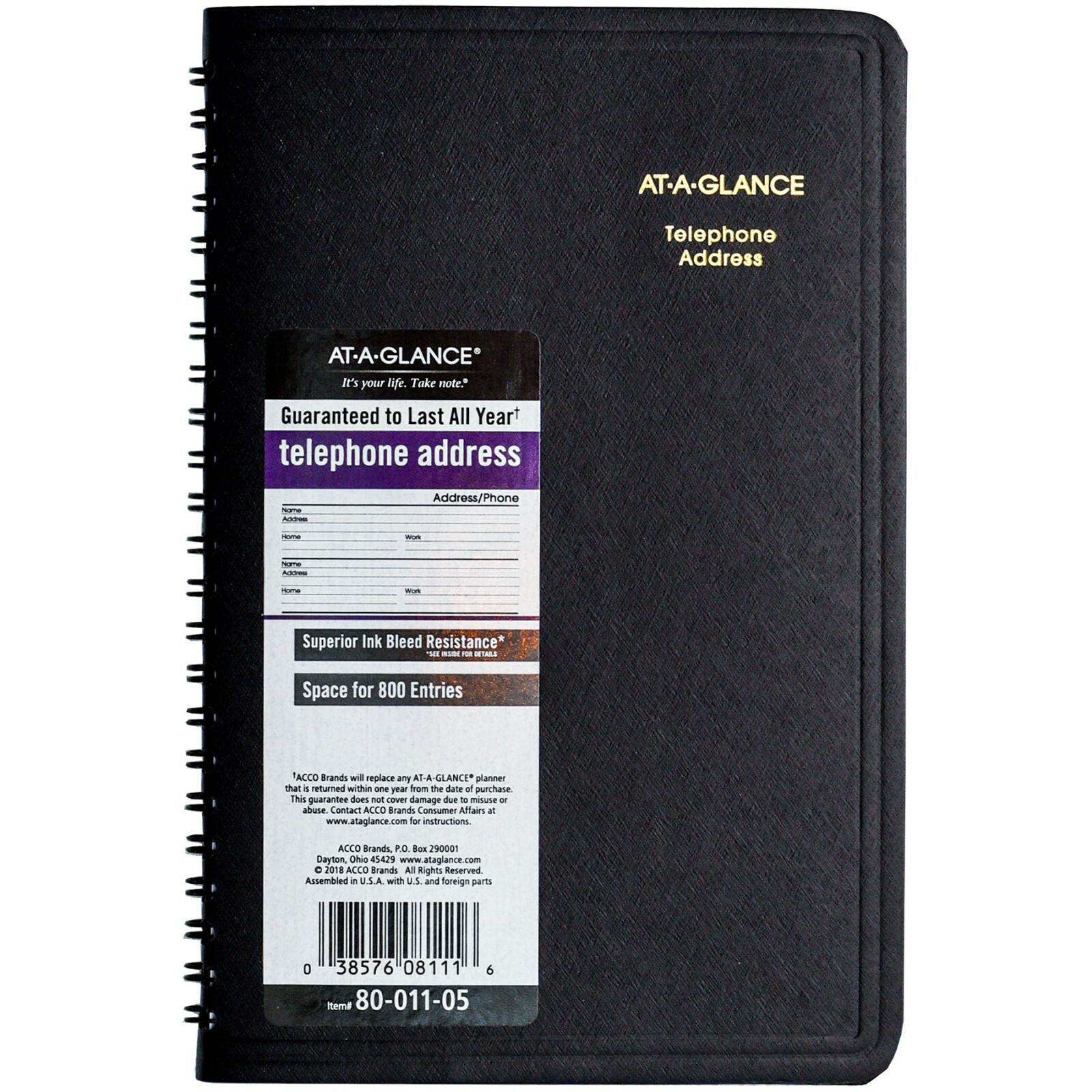 At-A-Glance 80-011 Telephone Address Book, 4-7/8 x 11″, 800 Entries