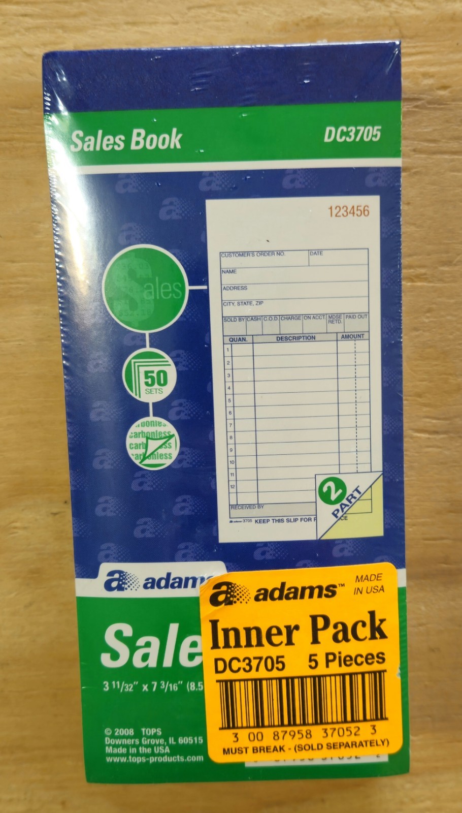 Adams Sales Order Book, 2 Part Carbonless, 3-11/32 x 7-3/16 Inches, 5 Pack New