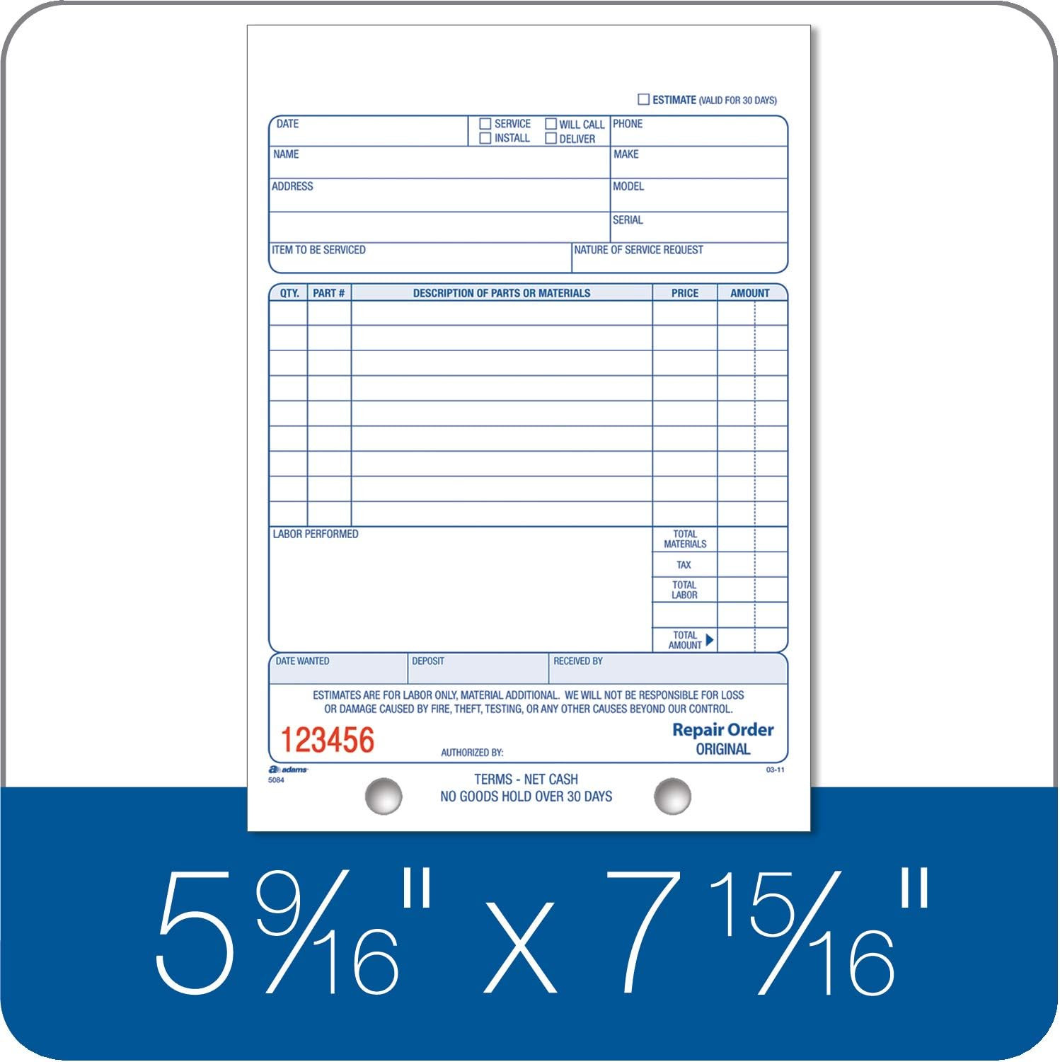 Repair Order Book, 3-Part Carbonless, White/White/White, 5-9/16 X 8-7/16 Inches