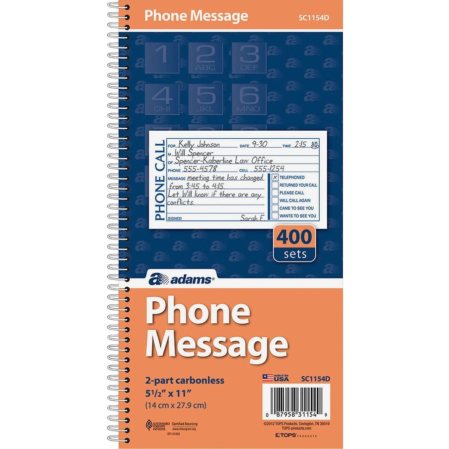 Adams SC1154D Spiral Bound Phone Message Book 400 Sheets 11×5.25