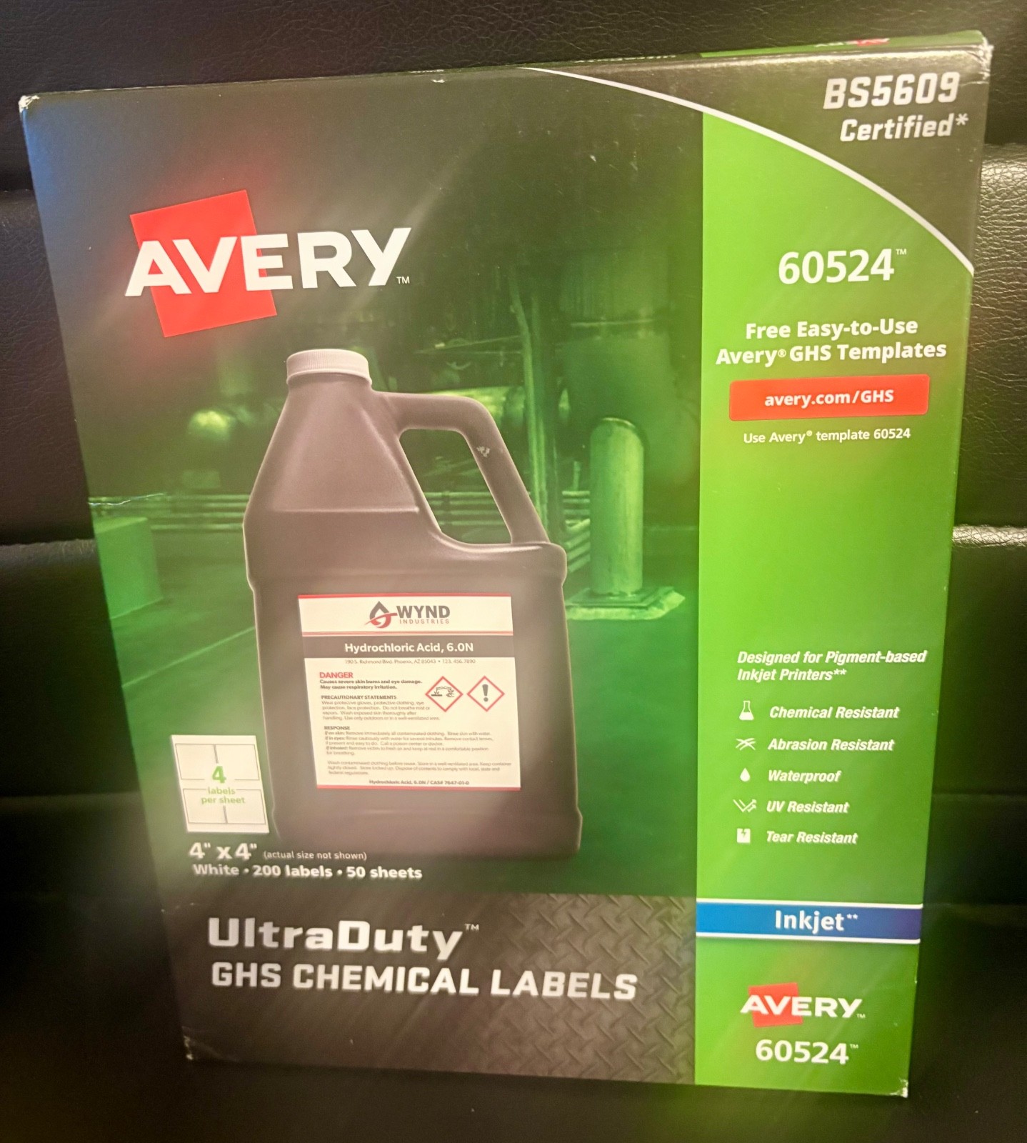 Avery UltraDuty GHS Chemical Waterproof Labels 4 x 4in White 200/Pack