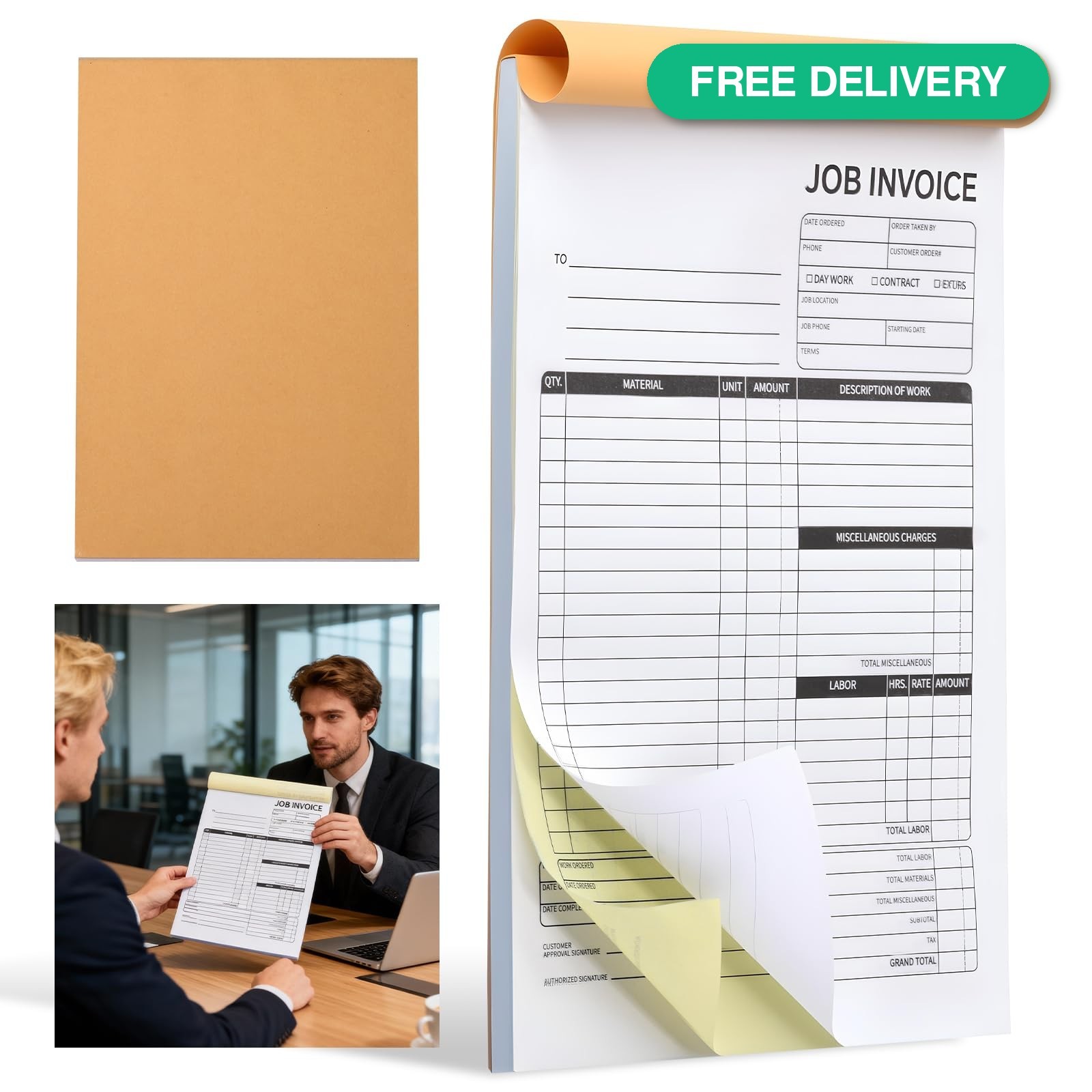 SJKHGU Carbonless Work Order Invoice Book Forms 7.5×11″ 50 Sets 2-Part Small