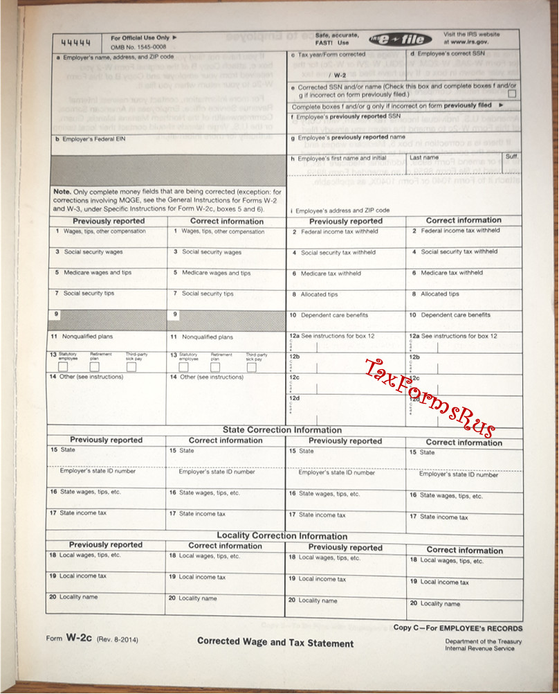 Official IRS Tax Form W-2c Corrected Wage/Tax Stmt, single sheet for 1 employee