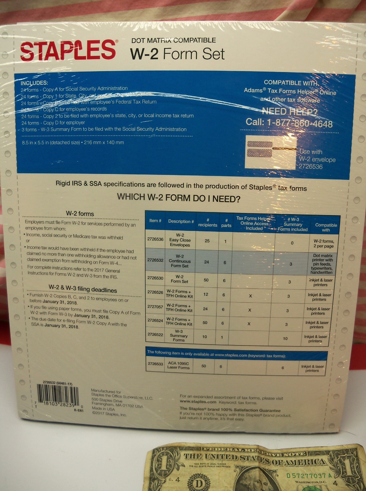 24 Count Pack of Staples Dot Matrix 2017 IRS Tax W-2 6-Part Form Sets USA W2