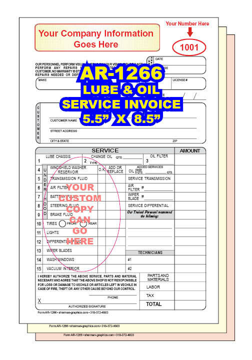 LUBE & OIL INVOICE CUSTOM PRINTED 2 or 3 Part Carbonless Forms