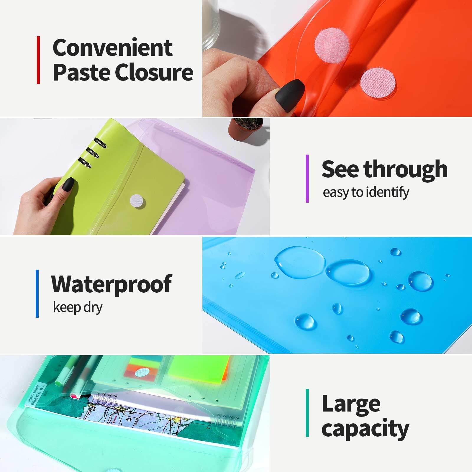 LEOBRO Plastic File Folders for Documents, 6 PCS Envelopes, Rainbow