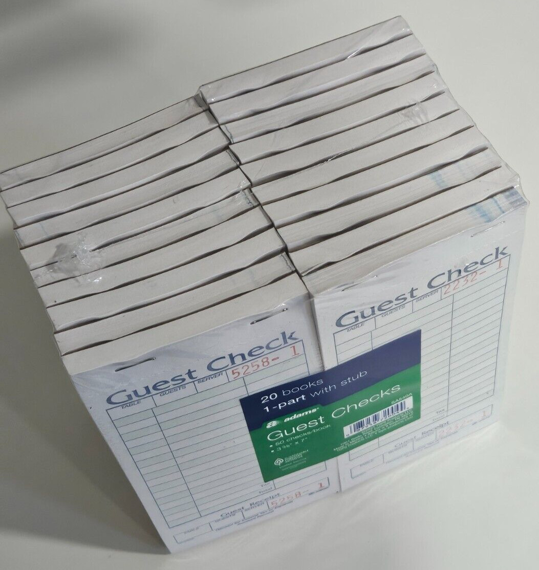 NEW 20 Books Adams 1 Part Guest Check with Stub 50 check per book SA540A Receipt