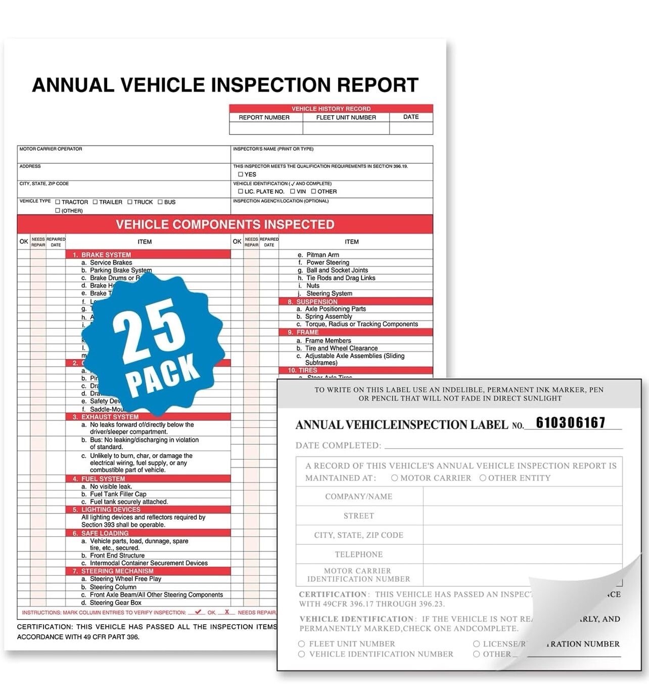 Annual Vehicle Inspection Report Form 25-pk 3-Ply Carbonless, 8.5″ x 11.75″ +…