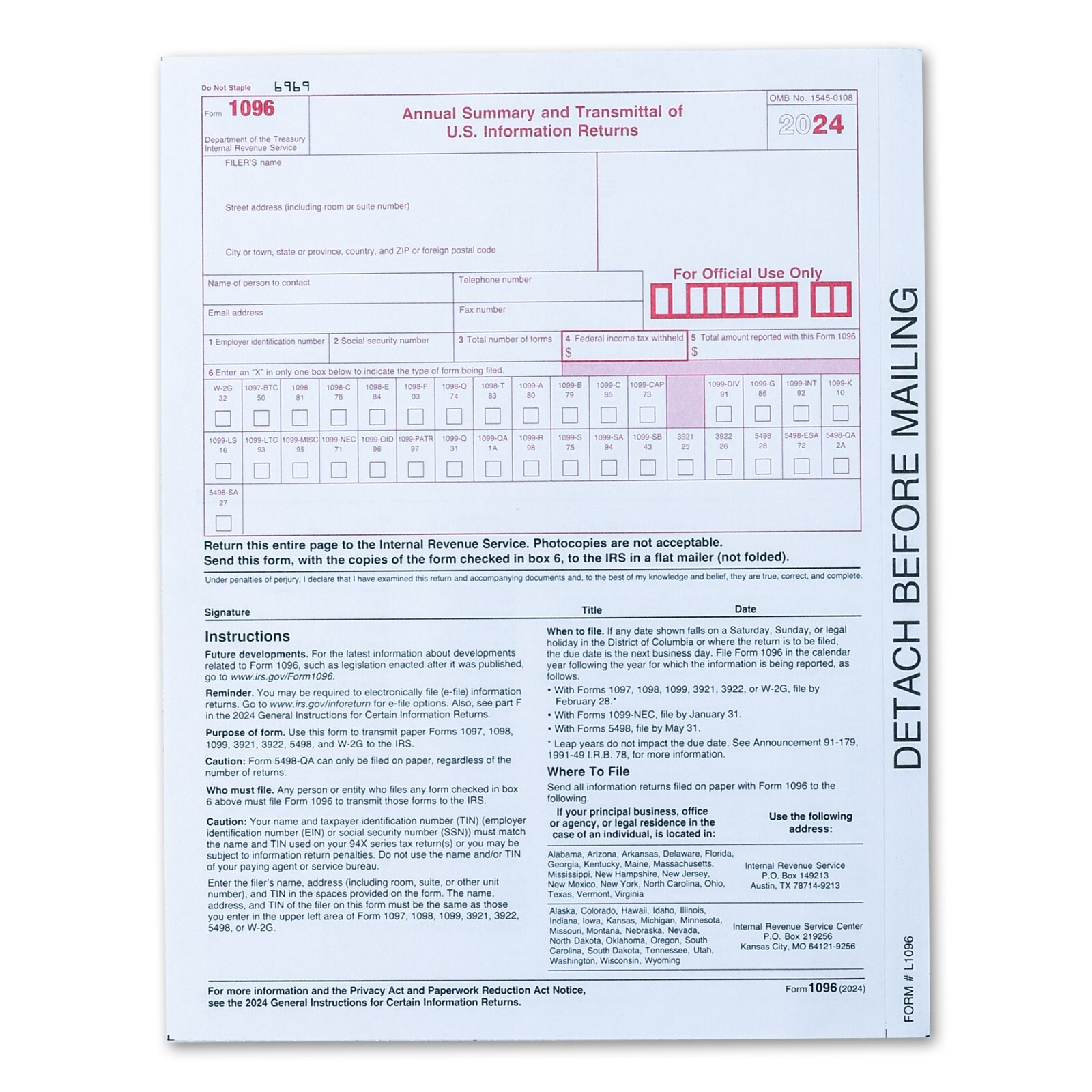 2024 Adams 22907KIT 1099-MISC 4-Part Tax Forms Plus 1096 for 10 Recipients