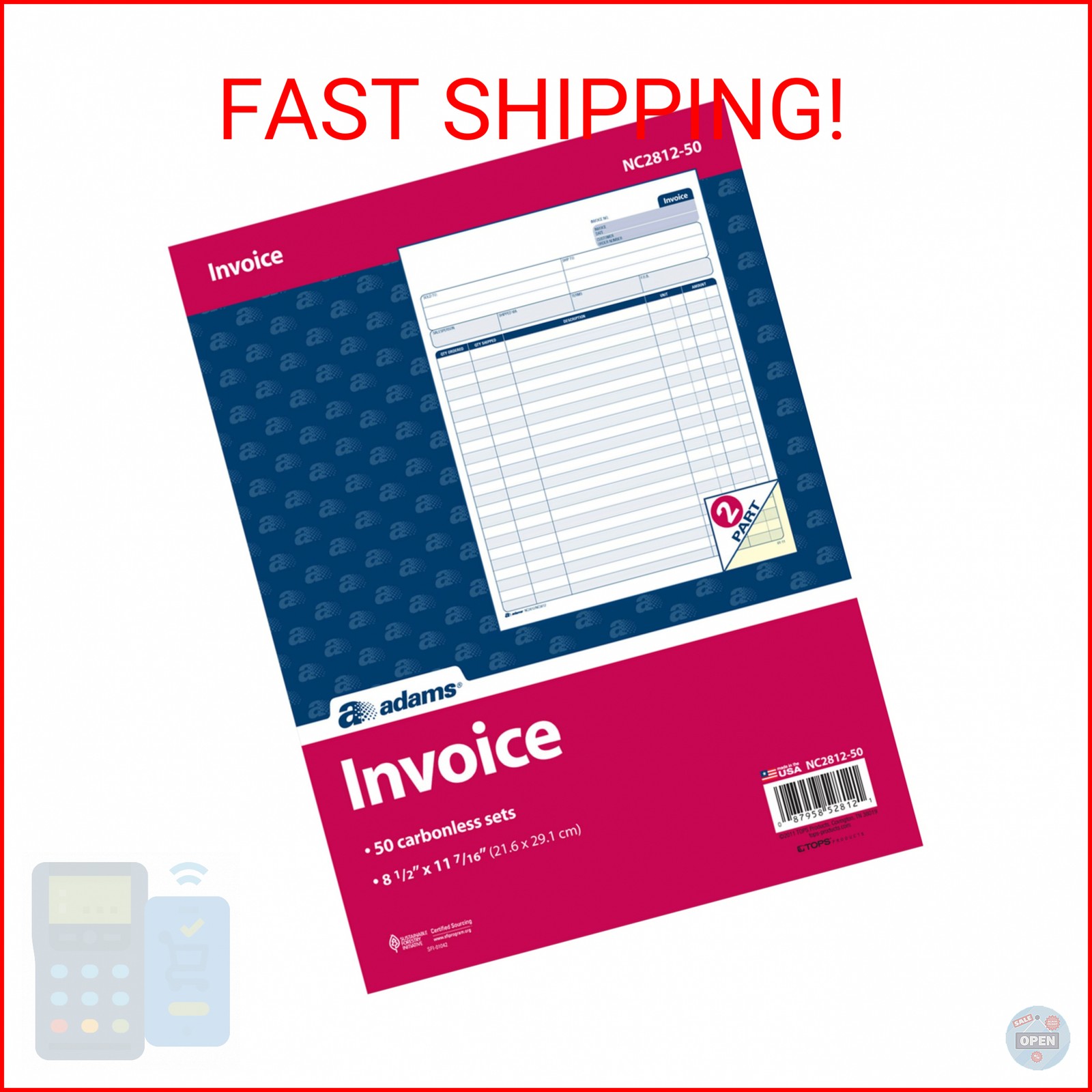 Adams Invoice Sets, 2-Part Carbonless, 8-1/2″ x 11-7/16″, 50 Sets per Pack (NC28