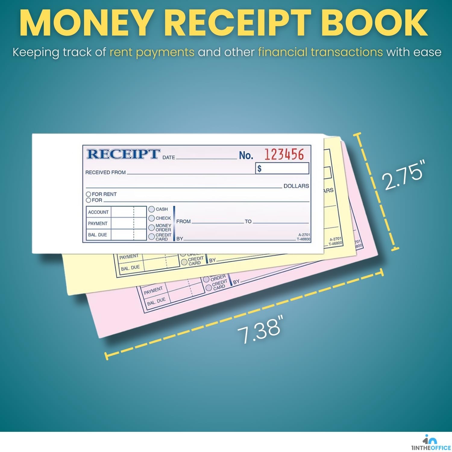 1InTheOffice Money and Rent Receipt, 2-3/4 x 7-3/16 Inches, 3-Parts, Carbonle…