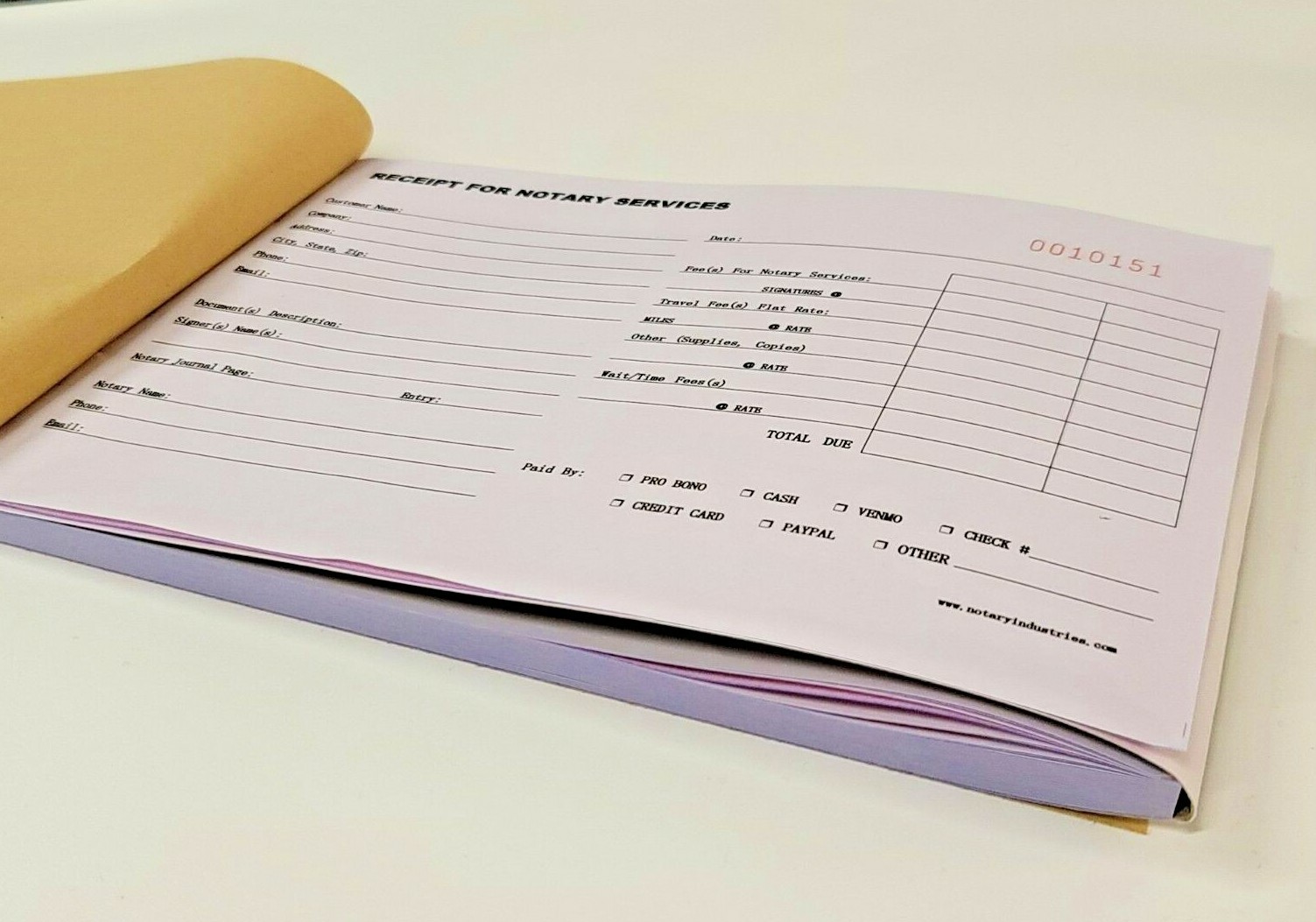 3-pack Receipt for Notary Services Book 50 x 2-ply Duplicate Pink/White Public