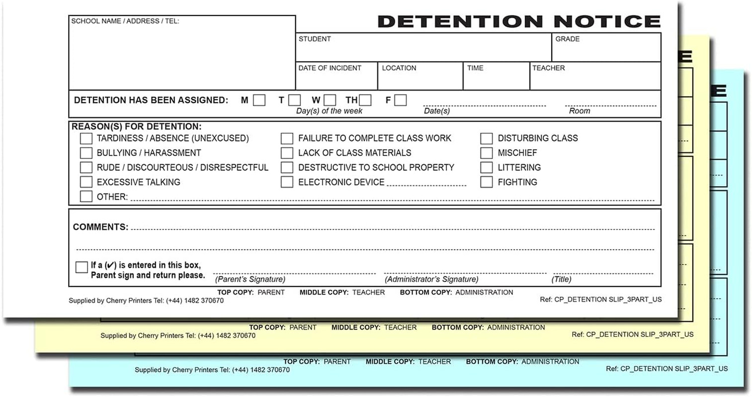 Cherry Detention Slip for Schools 3pt (8.3 inches x 3.9 inches) 50 Triplicate Co