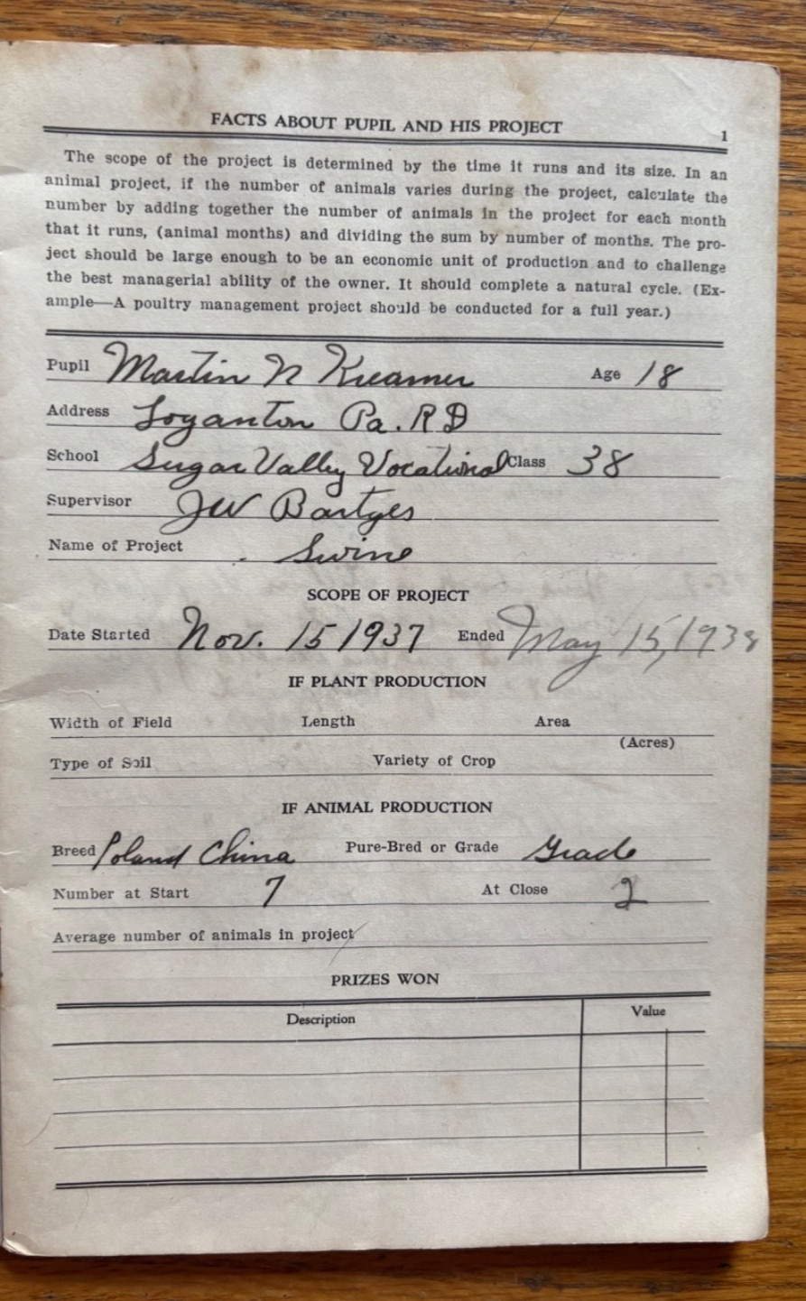 Vintage 1940s PA Vocational Agriculture Project Record Booklet Sugar Valley