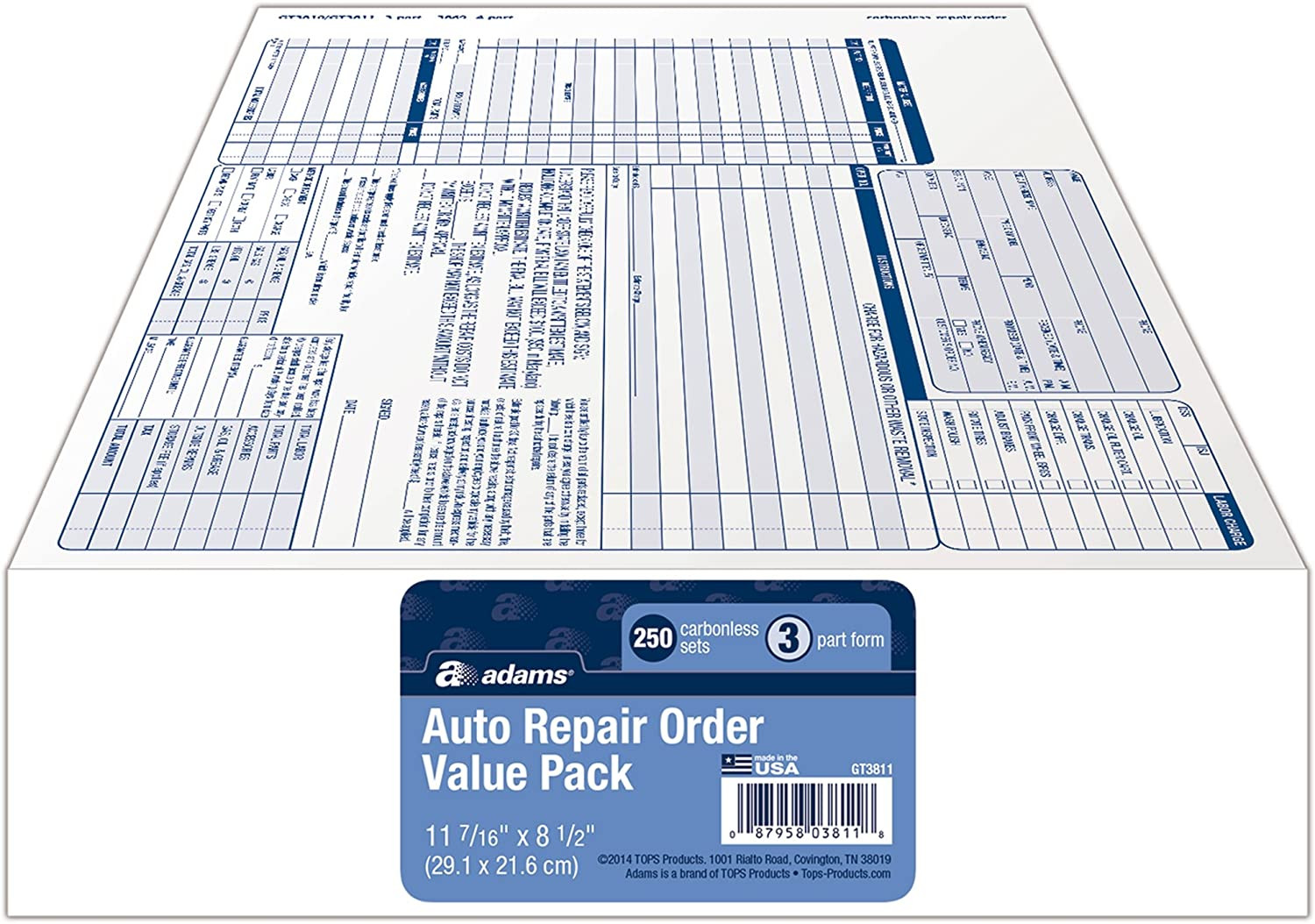 Adams Garage Auto Repair Order Forms 8.5 X 11 Inch 3 Parts 250 Count Carbonless