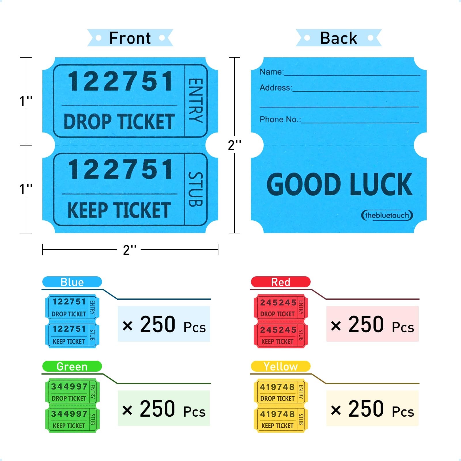 THEBLUETOUCH 2000 Pcs (1000 Pairs) 50/50 Raffle Blue, Red, Green, Yellow