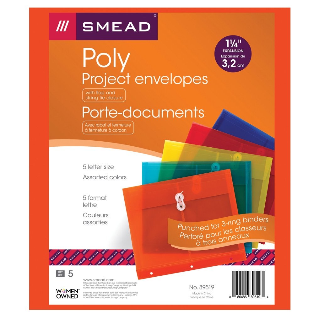 Smead Poly Project Envelope, 9-3/4 x 11-5/8 Inches (5-Pack), Assorted Colors
