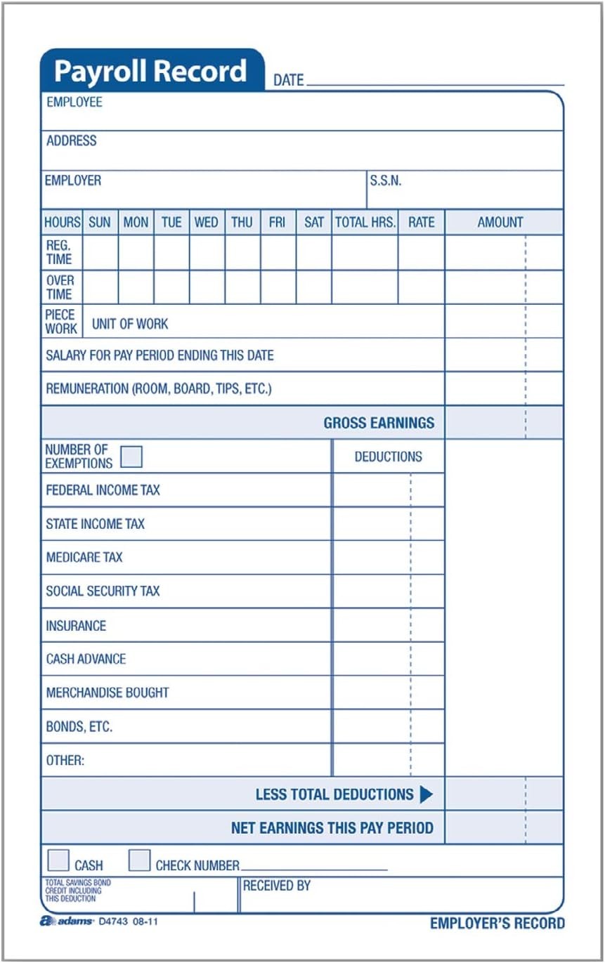 Employee Payroll Record Book, 55 Sets, 2-Part Carbonless, 4.19×7.19 Inches