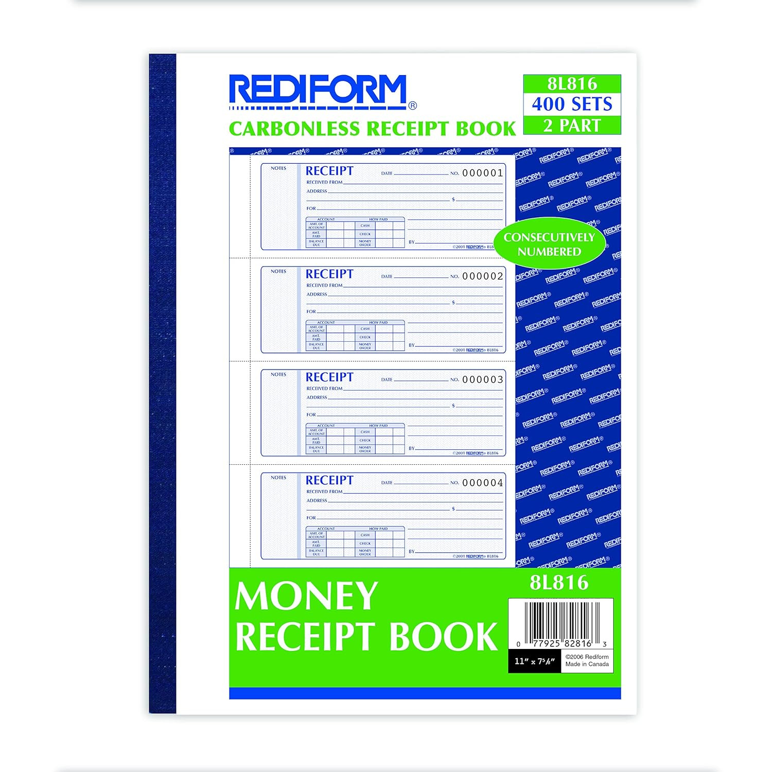 Rediform® Money Receipt Book, Carbonless, 400 Numbered Duplicates, 4/Page, 11″ X