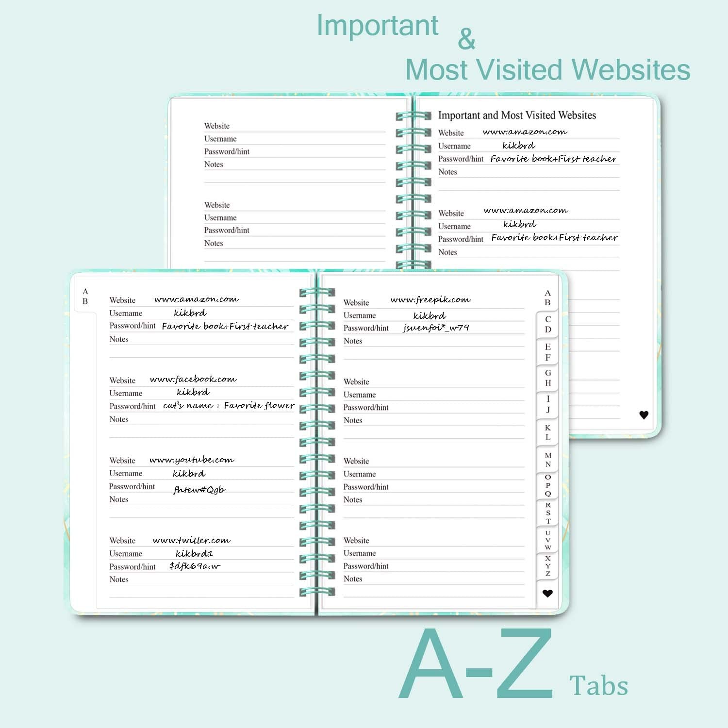Password Book with Alphabetical Tabs – Spiral 5.1×6.9 IN, Blue