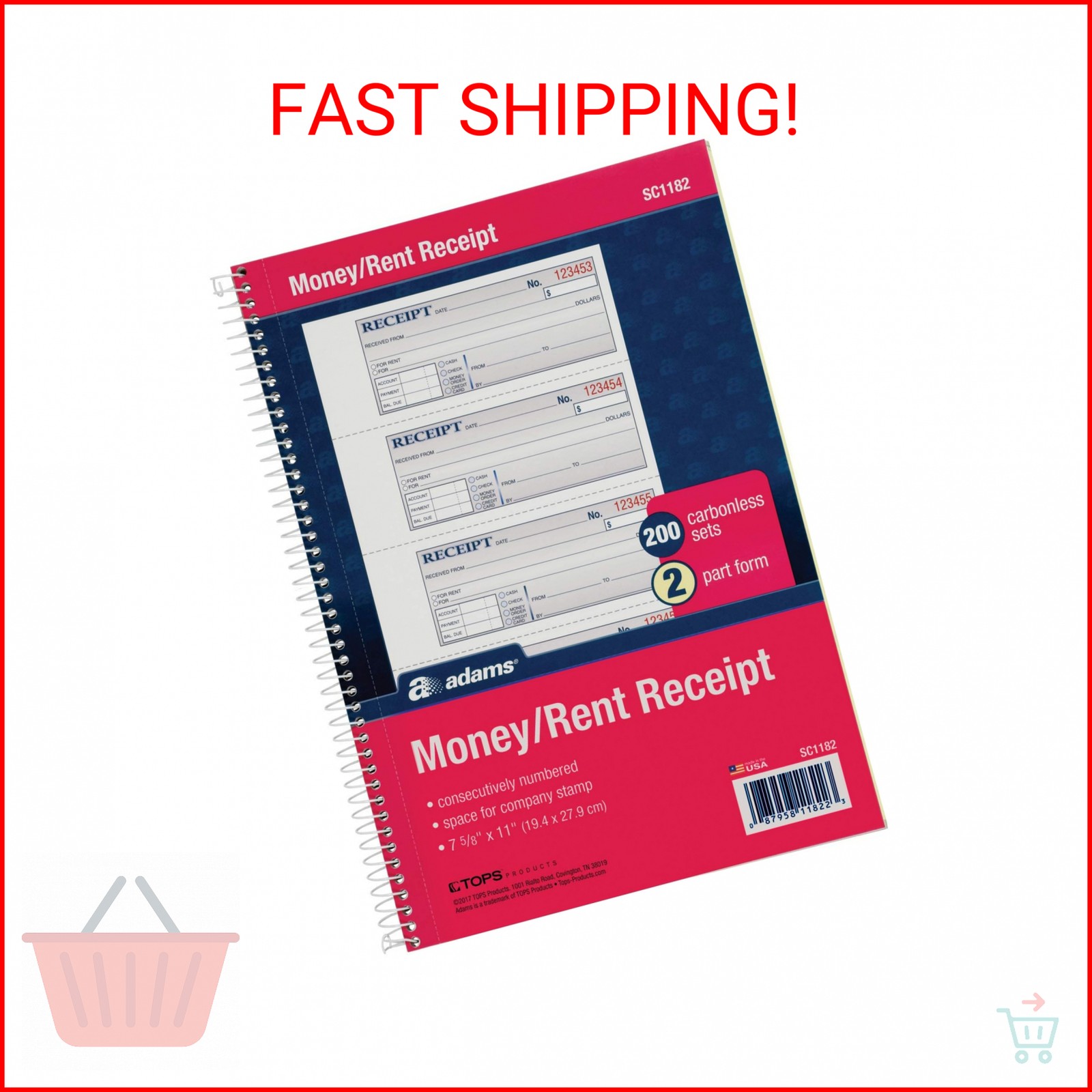 Adams Money and Rent Receipt Book, 2-Part Carbonless, 7-5/8″ x 11″, Spiral Bound
