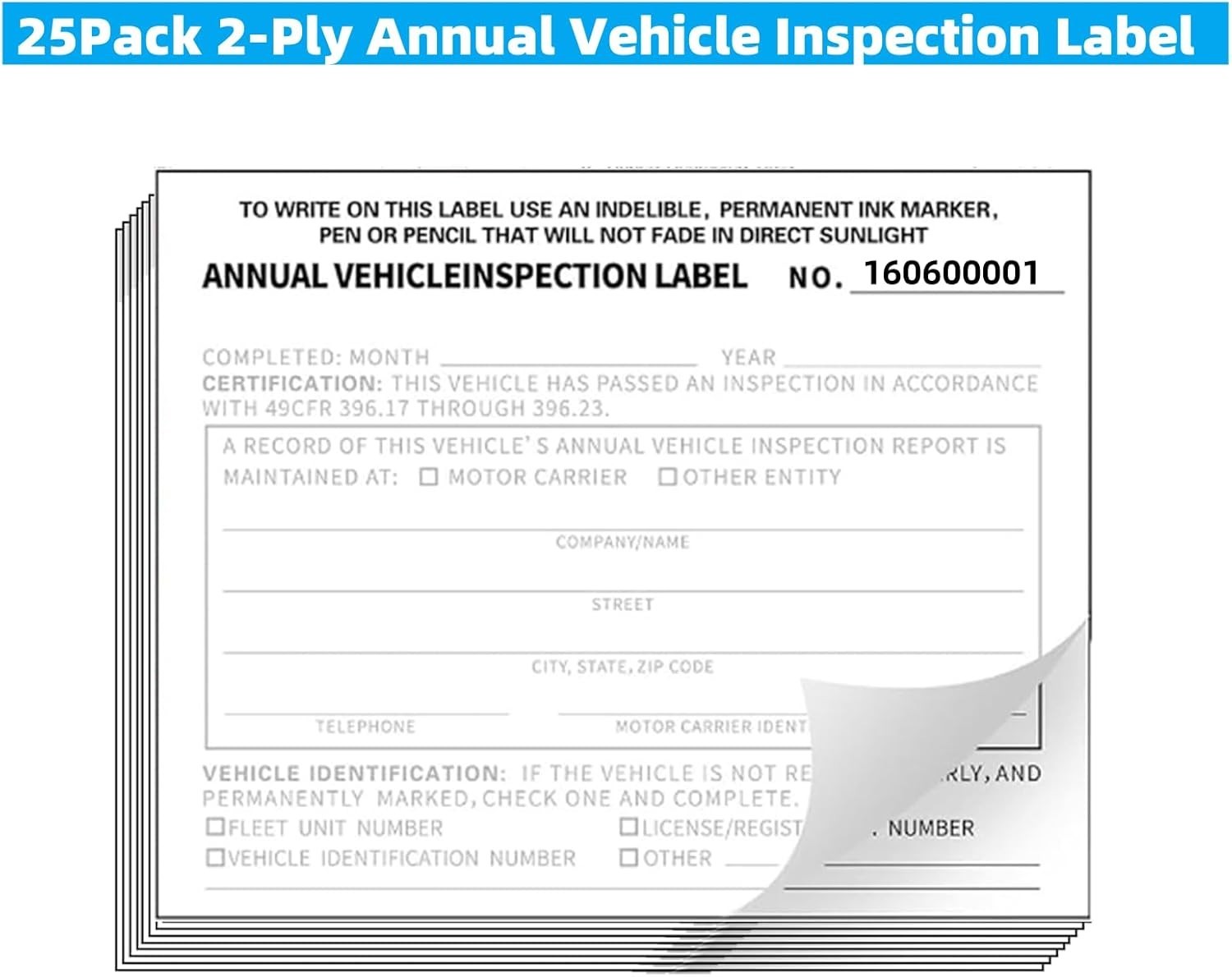 Annual Vehicle Inspection Report Form and Label, 25-Pack 3-Layer Vehicle Insp