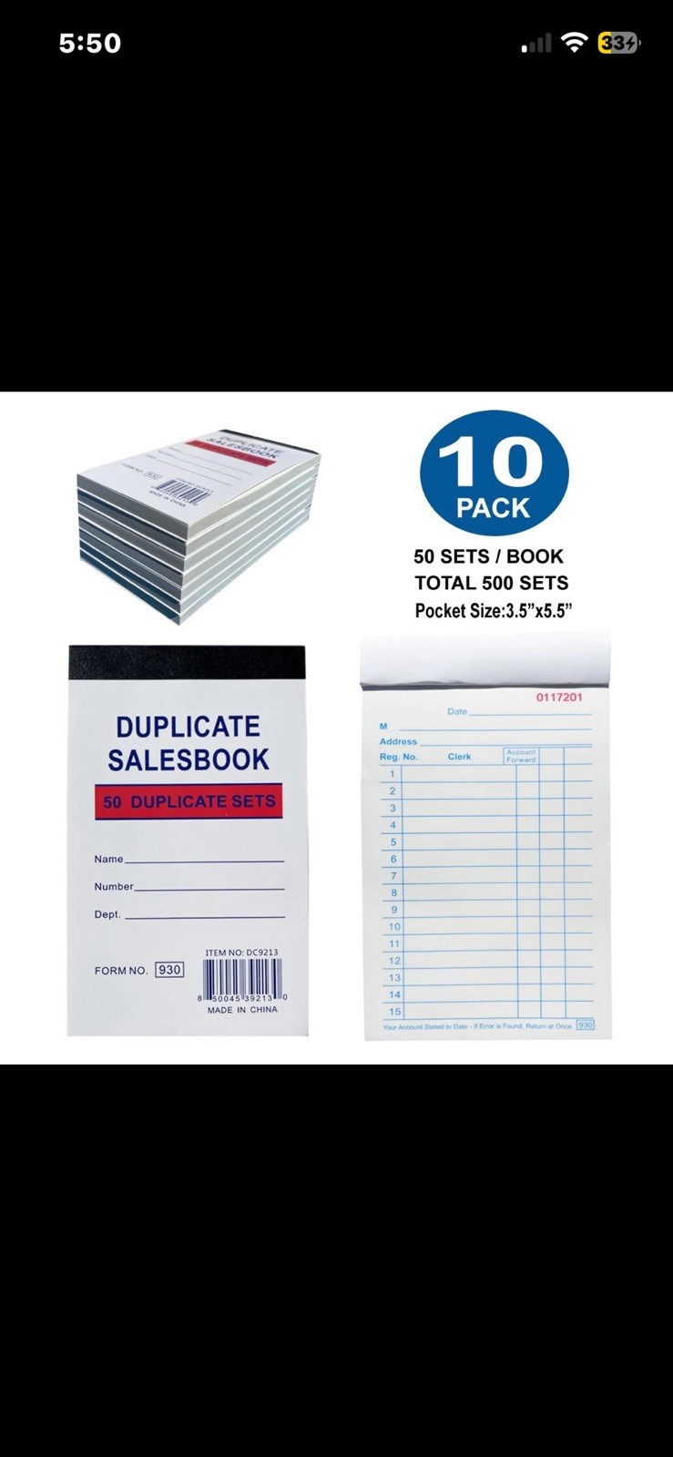 10 Pack 3.5″ x 5.5″Sales Order Forms Carbonless Duplicate Receipt Book*USA SELL