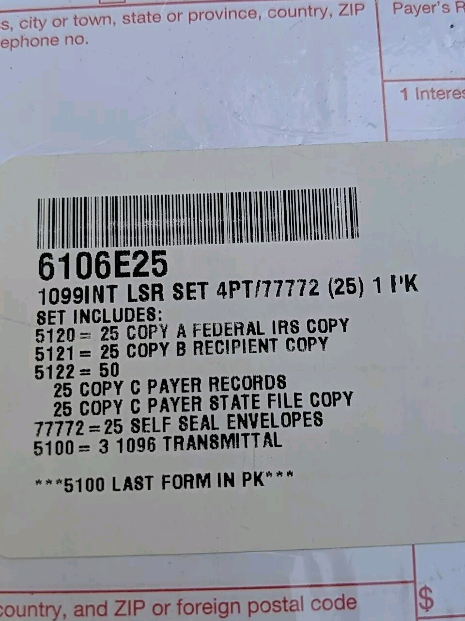 2022 1099-INT 4pt Interest Tax Laser Forms/5121, 5121, 5122, 77772, 5100 75-Pack