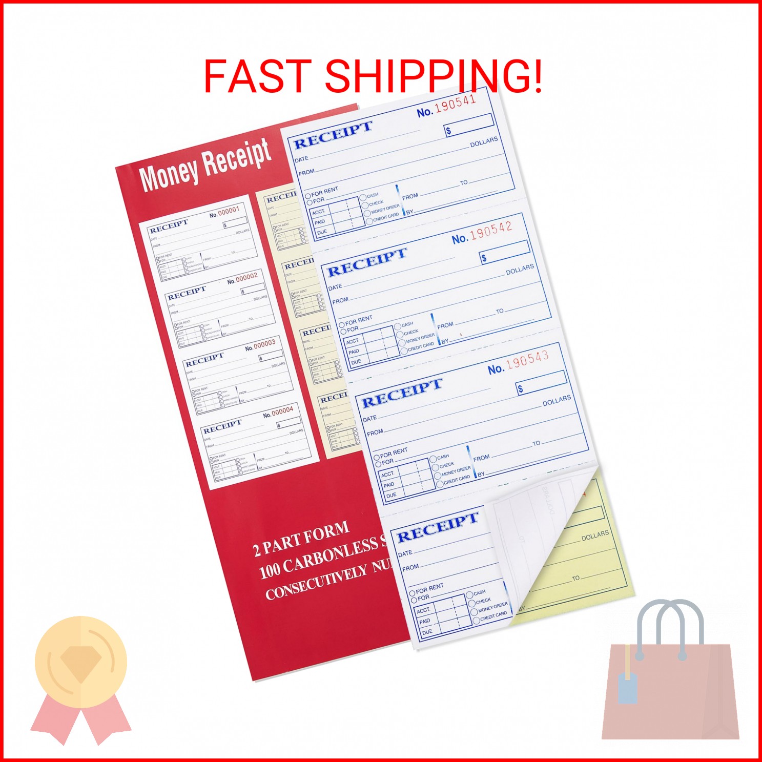 Receipt Book with Carbon Copies, 2-Part carbonless, 100 Sets per Book, 4 Receipt