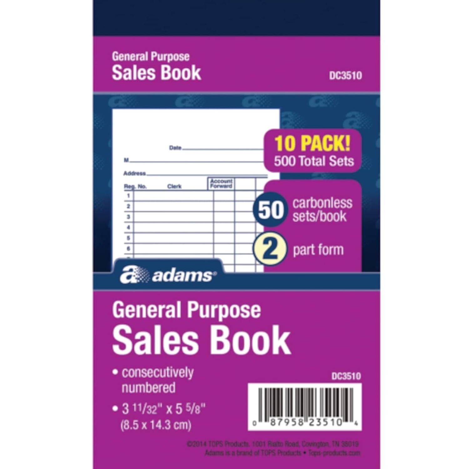 General Purpose Sales Book, 2-Part, Carbonless, White/Canary, 3-11/32 x 5-5/8…