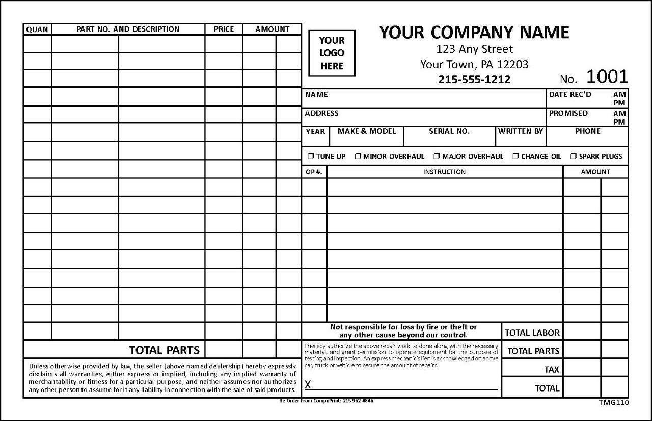 Automotive Garage Repair Order Forms – 2 Part Carbonless – 5.5 x 8.5 – TMG110
