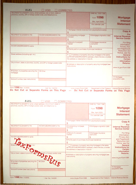 2025 IRS Tax Form 1098 Mtg Int single sheet for 2 recipients NON-carbonless 2-pt