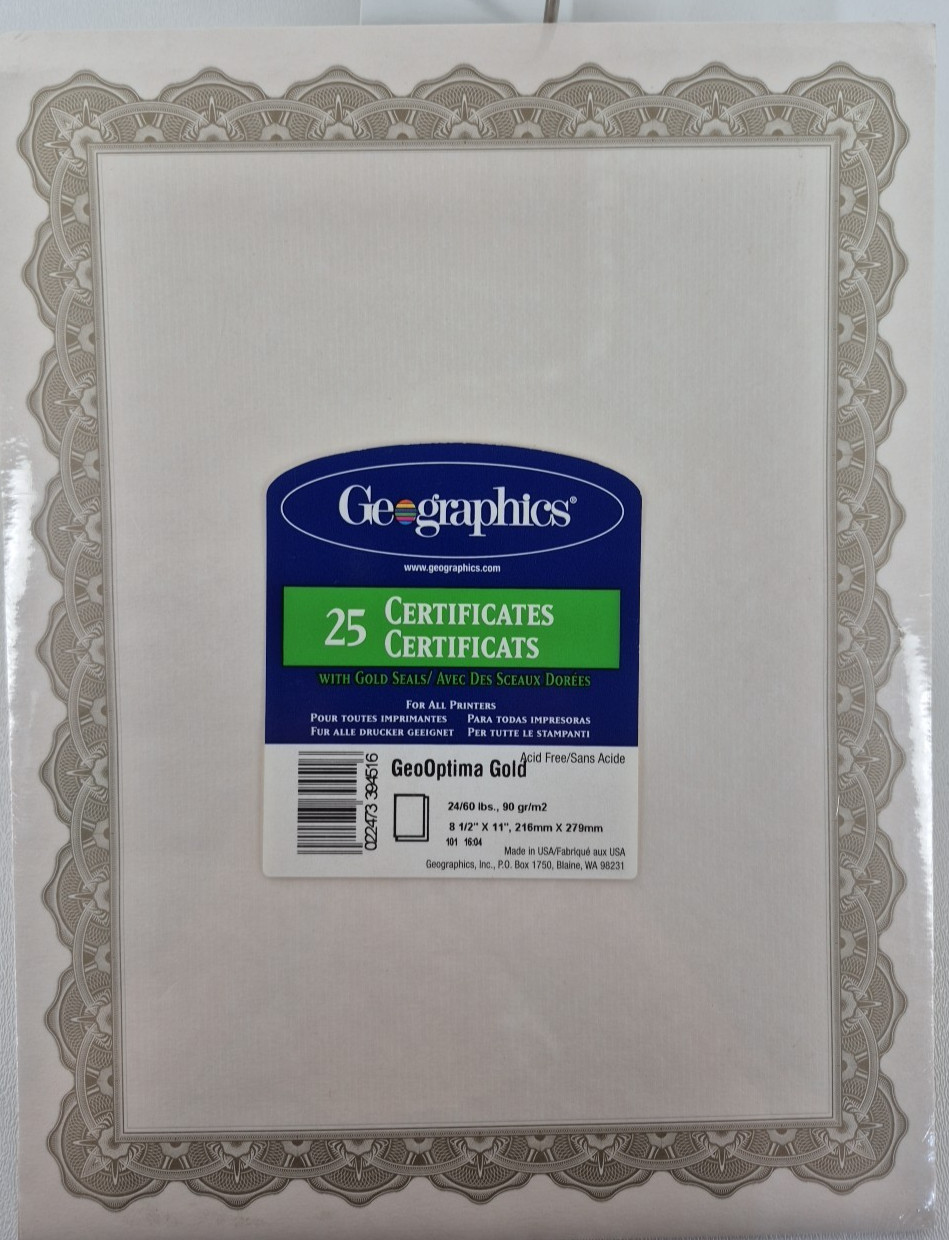 Geographics Acid Free Certificates 8-1/2 x 11 Optima Gold Border 25/Pack