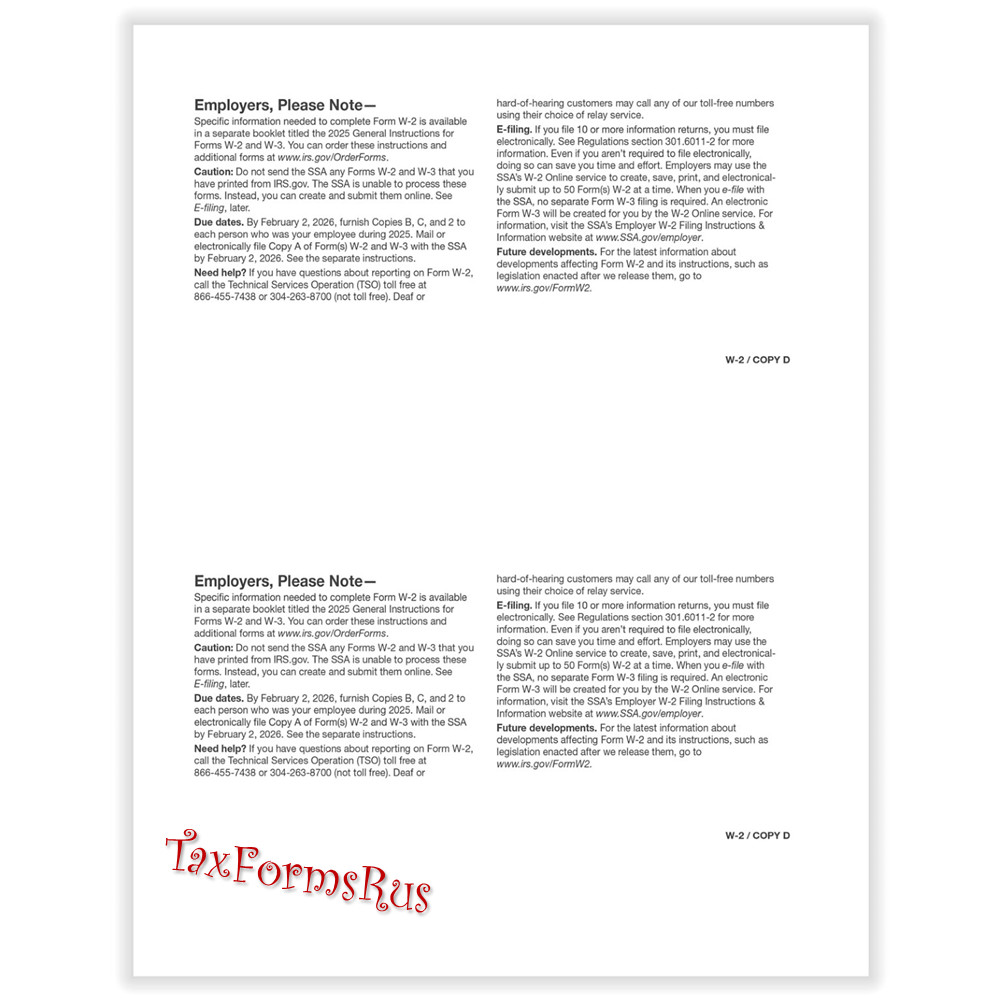 2025 IRS Tax Form W-2 Wage Stmts LASER single sheet set for 2 employees, 6-part