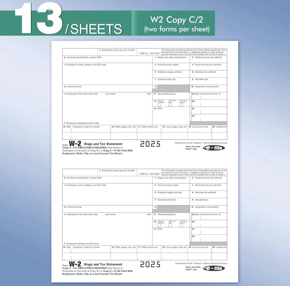 2025 W2 Tax Forms Kit with Envelopes – 25 Employee Set with W3 Forms