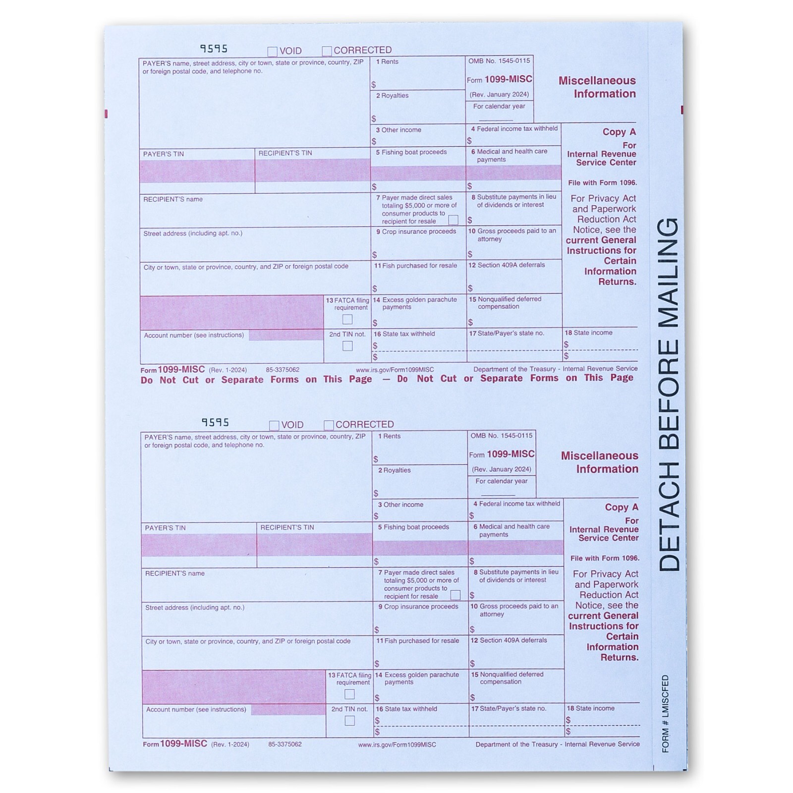 2024 Adams 22907KIT 1099-MISC 4-Part Tax Forms Plus 1096 for 10 Recipients