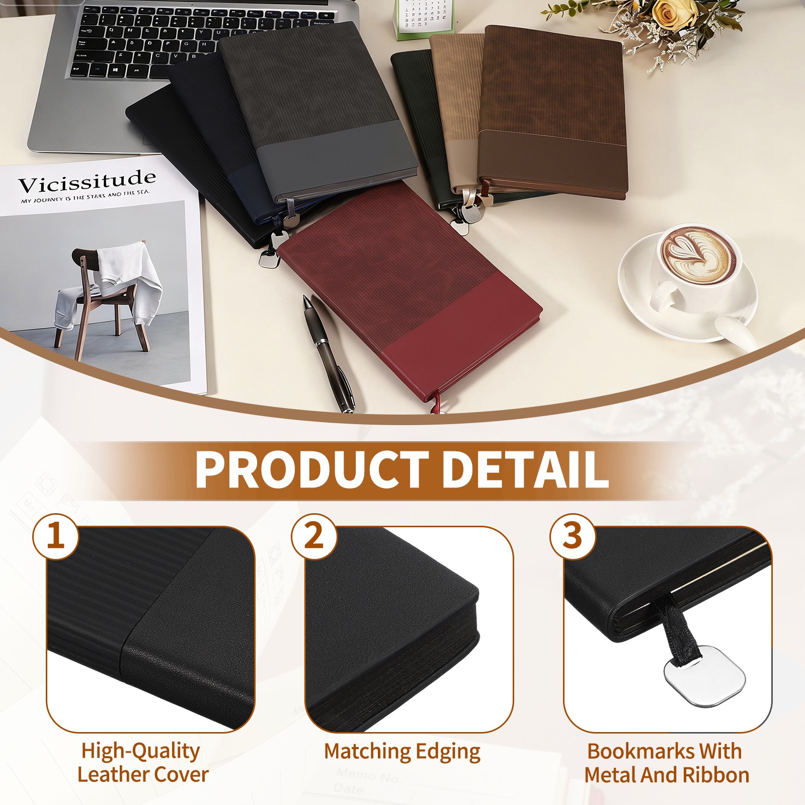 2Pack Hardcover Leather Lined Note Book, 100 Pages 8.3×5.7″ A5, Black/Blue