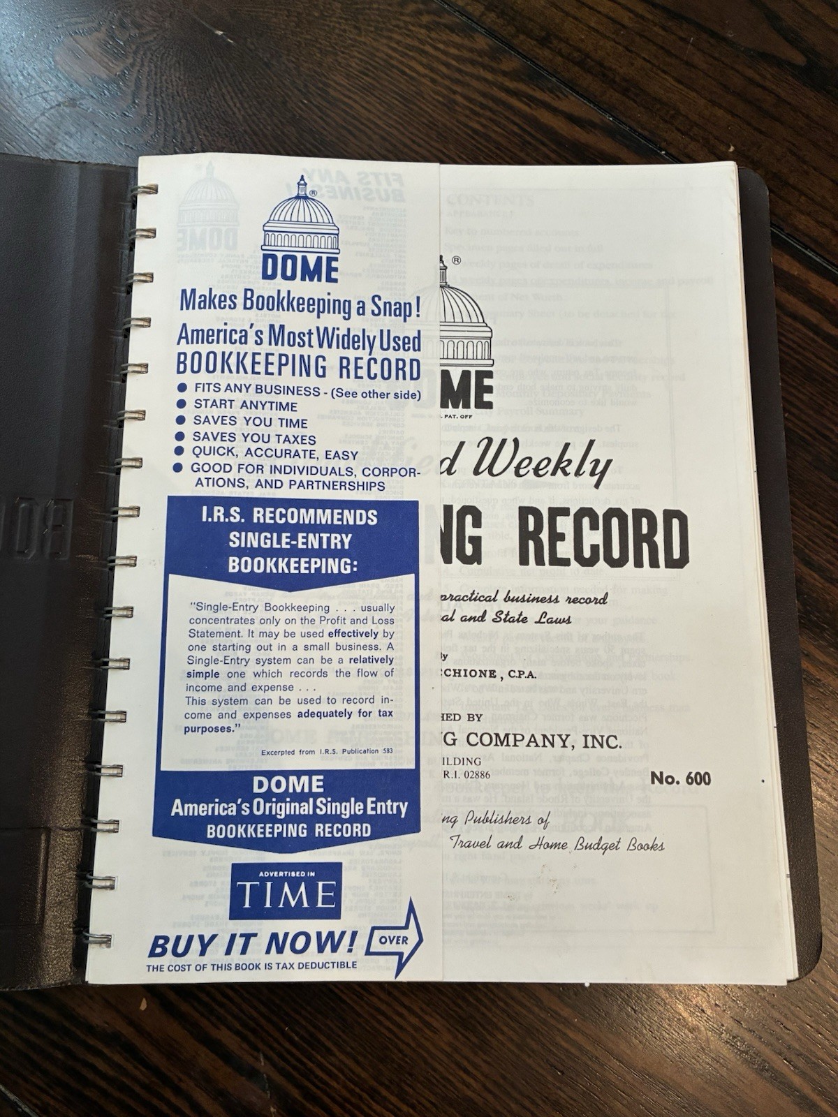 Dome simplified weekly Bookkeeping record Picchione #600 deductions NOS vintage
